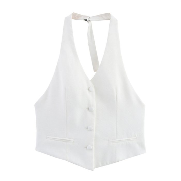 European And American Style Solid Color Design Slim White Bag Buckle Sleeveless Halter Top - Image 6