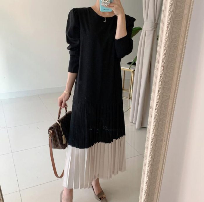 Best Round Collar Color Patchwork Pleated Dress Long Skirt Woman - Image 4