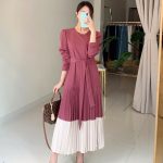 Best Round Collar Color Patchwork Pleated Dress Long Skirt Woman