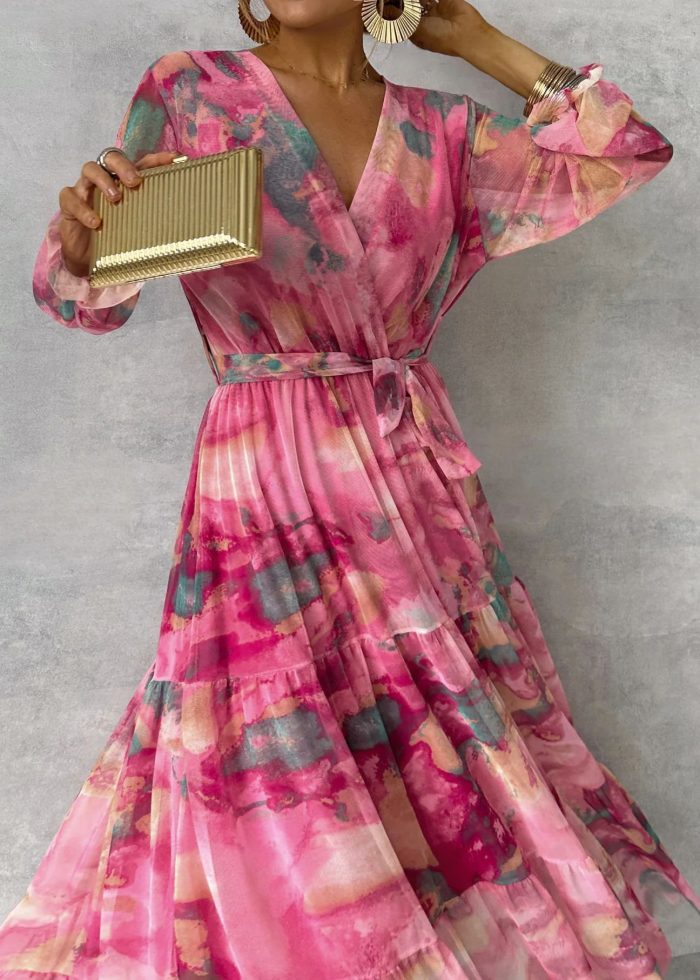 Long-sleeved Floral Print Dress High-waisted Maxi Dresses For Women Clothing - Image 2