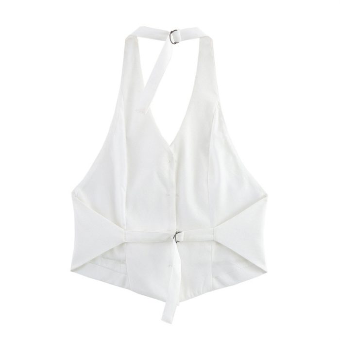European And American Style Solid Color Design Slim White Bag Buckle Sleeveless Halter Top - Image 3