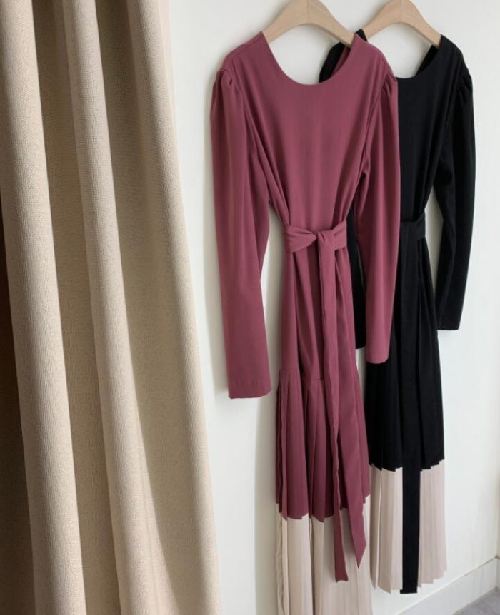 Best Round Collar Color Patchwork Pleated Dress Long Skirt Woman - Image 5