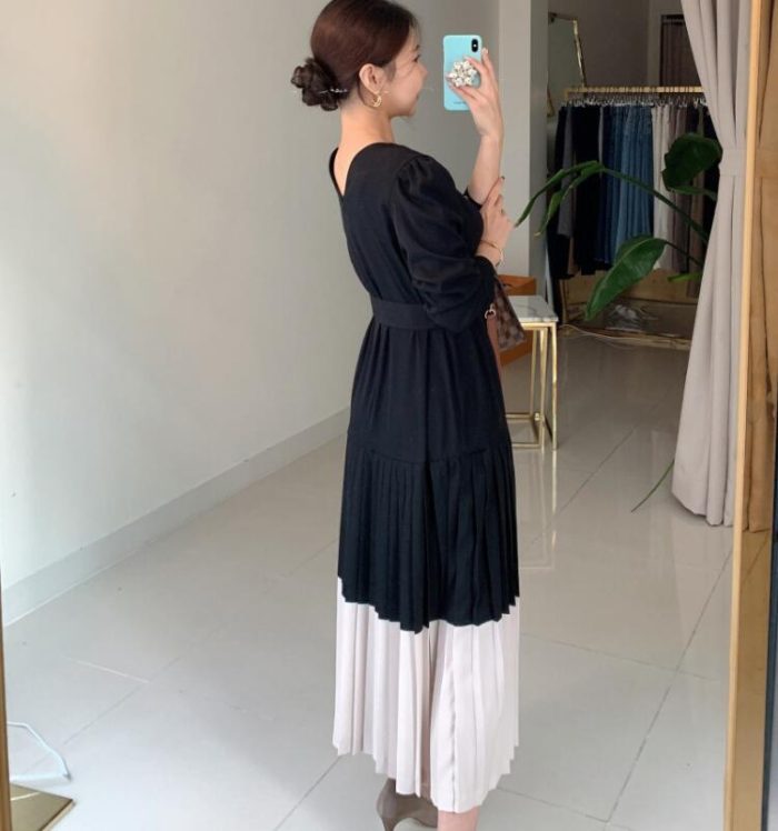 Best Round Collar Color Patchwork Pleated Dress Long Skirt Woman - Image 3
