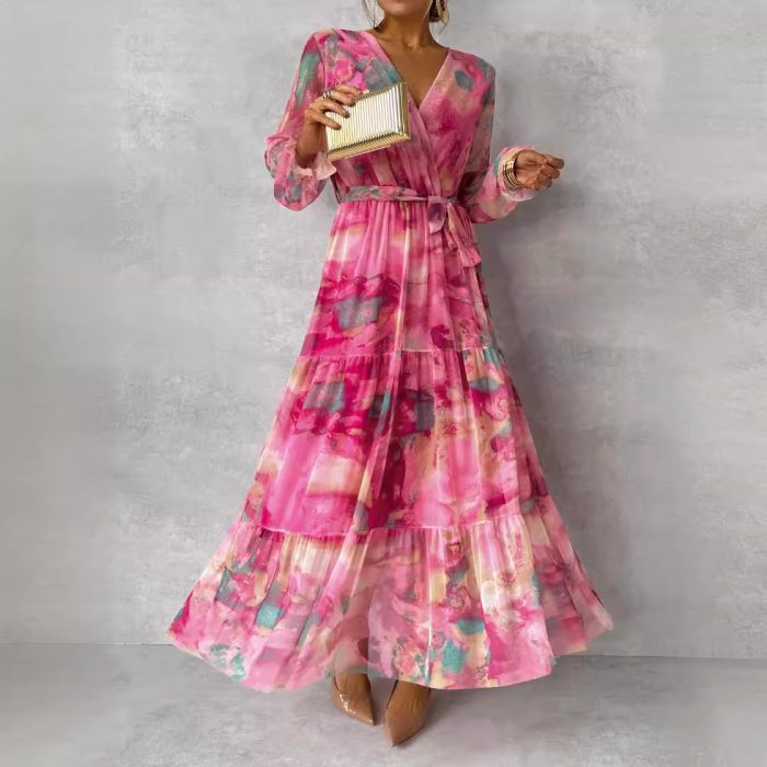 Long-sleeved Floral Print Dress High-waisted Maxi Dresses For Women Clothing