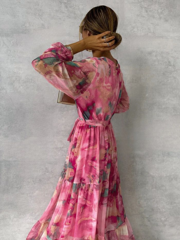 Long-sleeved Floral Print Dress High-waisted Maxi Dresses For Women Clothing - Image 5