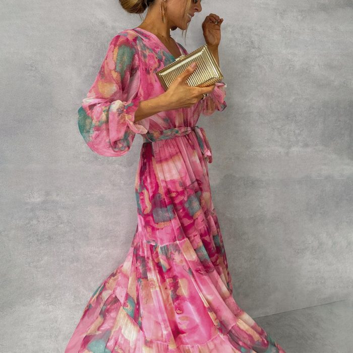 Long-sleeved Floral Print Dress High-waisted Maxi Dresses For Women Clothing - Image 4