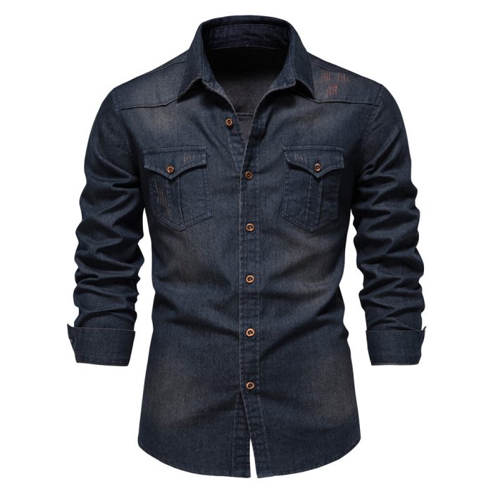 Men's Long-sleeved Denim Shirt Casual Solid Button Slim Tops Clothing - Image 7