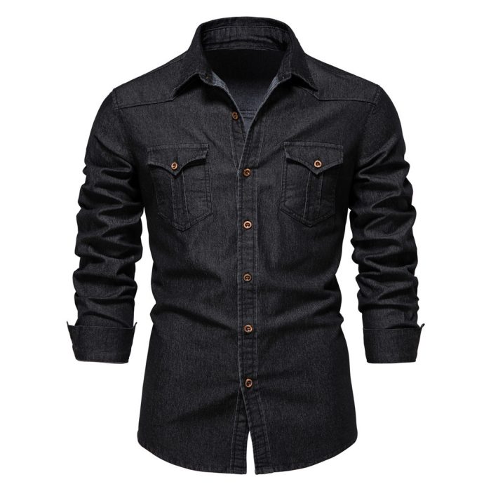 Men's Long-sleeved Denim Shirt Casual Solid Button Slim Tops Clothing - Image 6