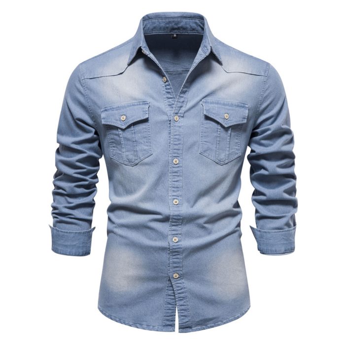 Men's Long-sleeved Denim Shirt Casual Solid Button Slim Tops Clothing - Image 2