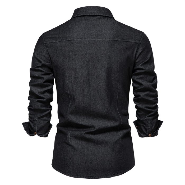Men's Long-sleeved Denim Shirt Casual Solid Button Slim Tops Clothing - Image 5