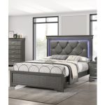 Dark Gray Faux Leather Tufted Headboard 1pc Queen Size Bed W LED Bedroom